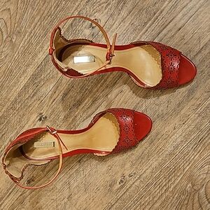 Schutz Laser Cut Red Leather Sandals Heel